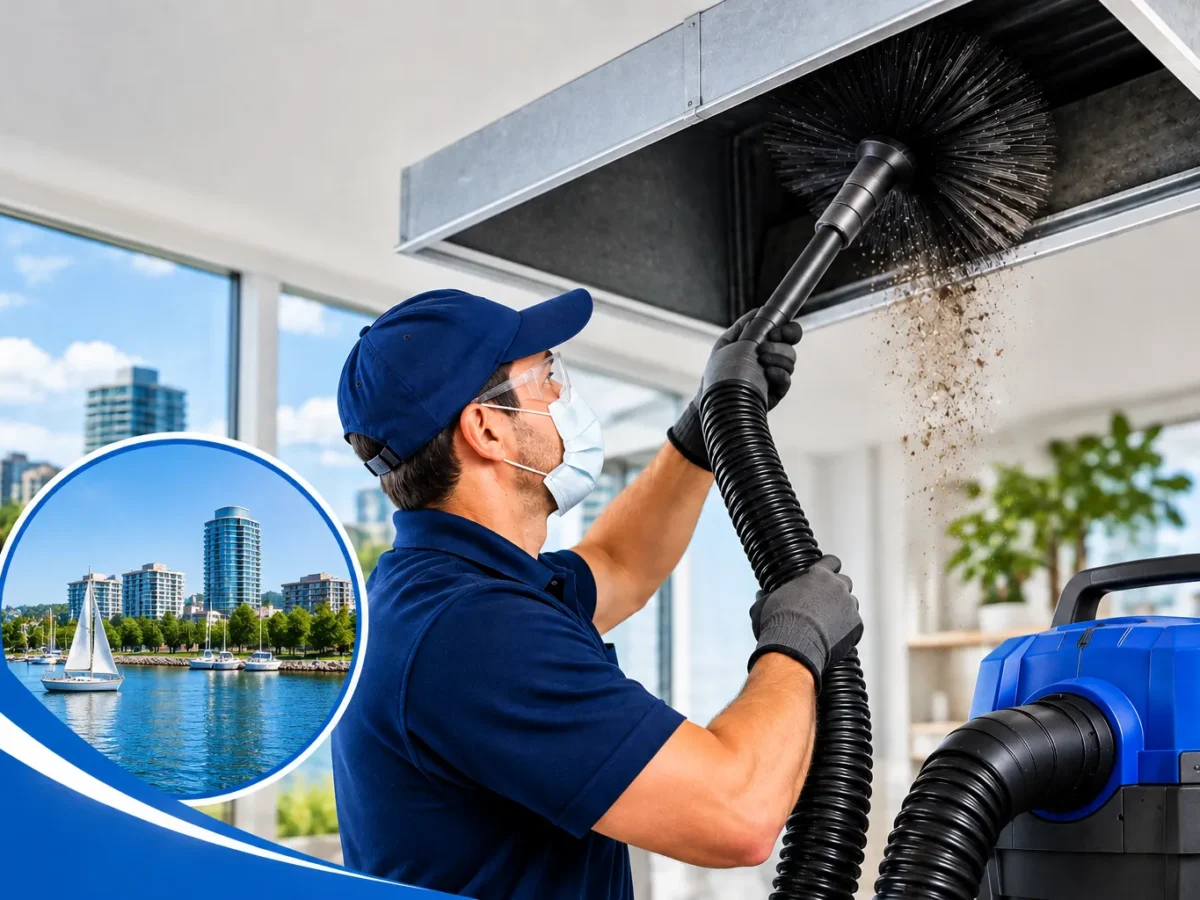 Professional duct cleaning technician serving a home in Burlington