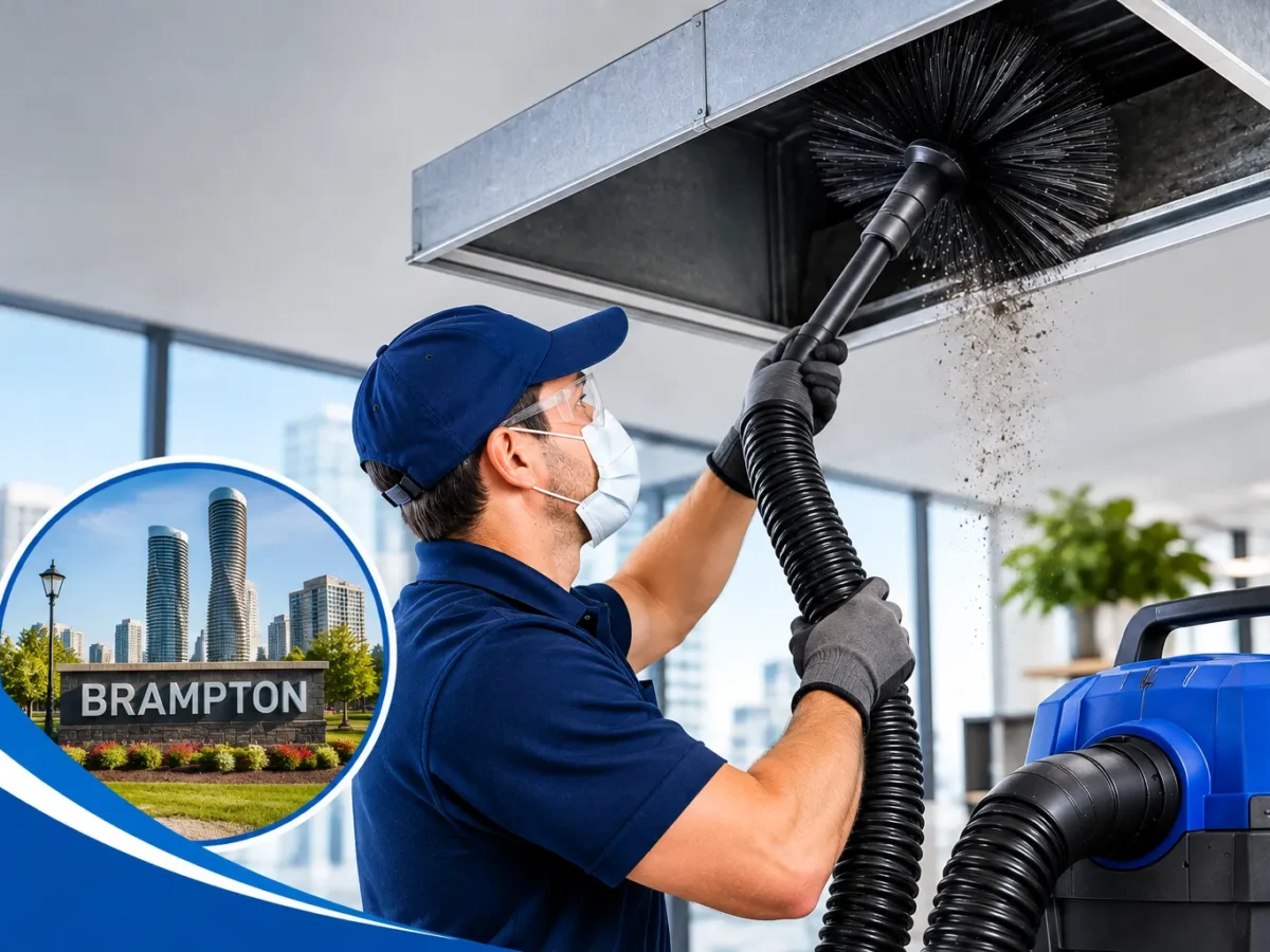 Professional duct cleaning technician serving a home in Brampton