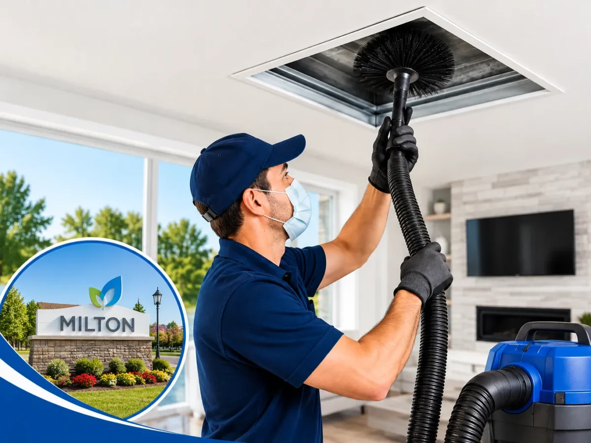 Professional duct cleaning technician serving a home in Milton
